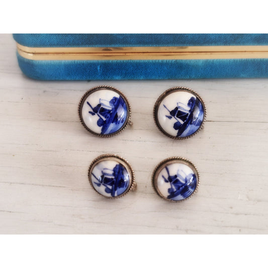 Vintage Delft Dutch Blue White Porcelain Sterling Silver Screw-on Earrings Lot