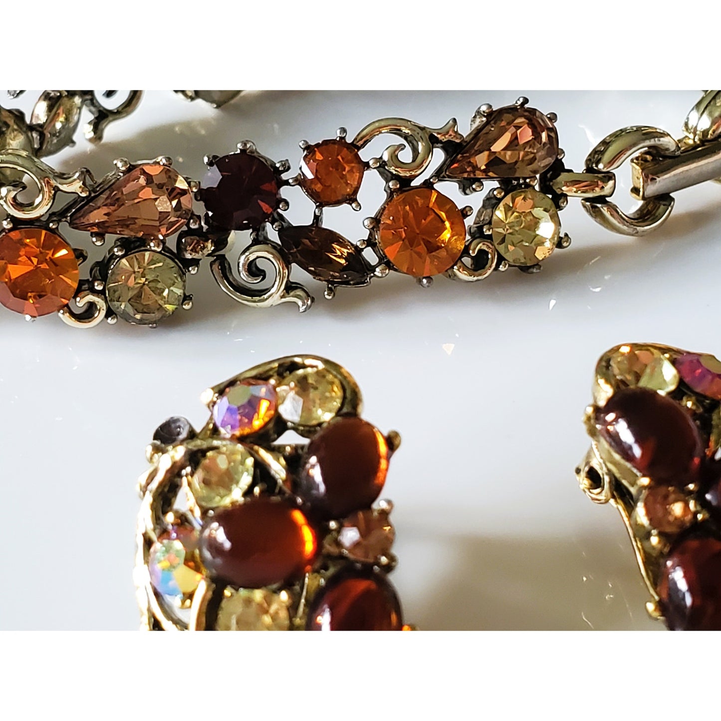 Vintage Mid-Century Weiss and Lisner Amber Rhinestone AB Jewelry Set