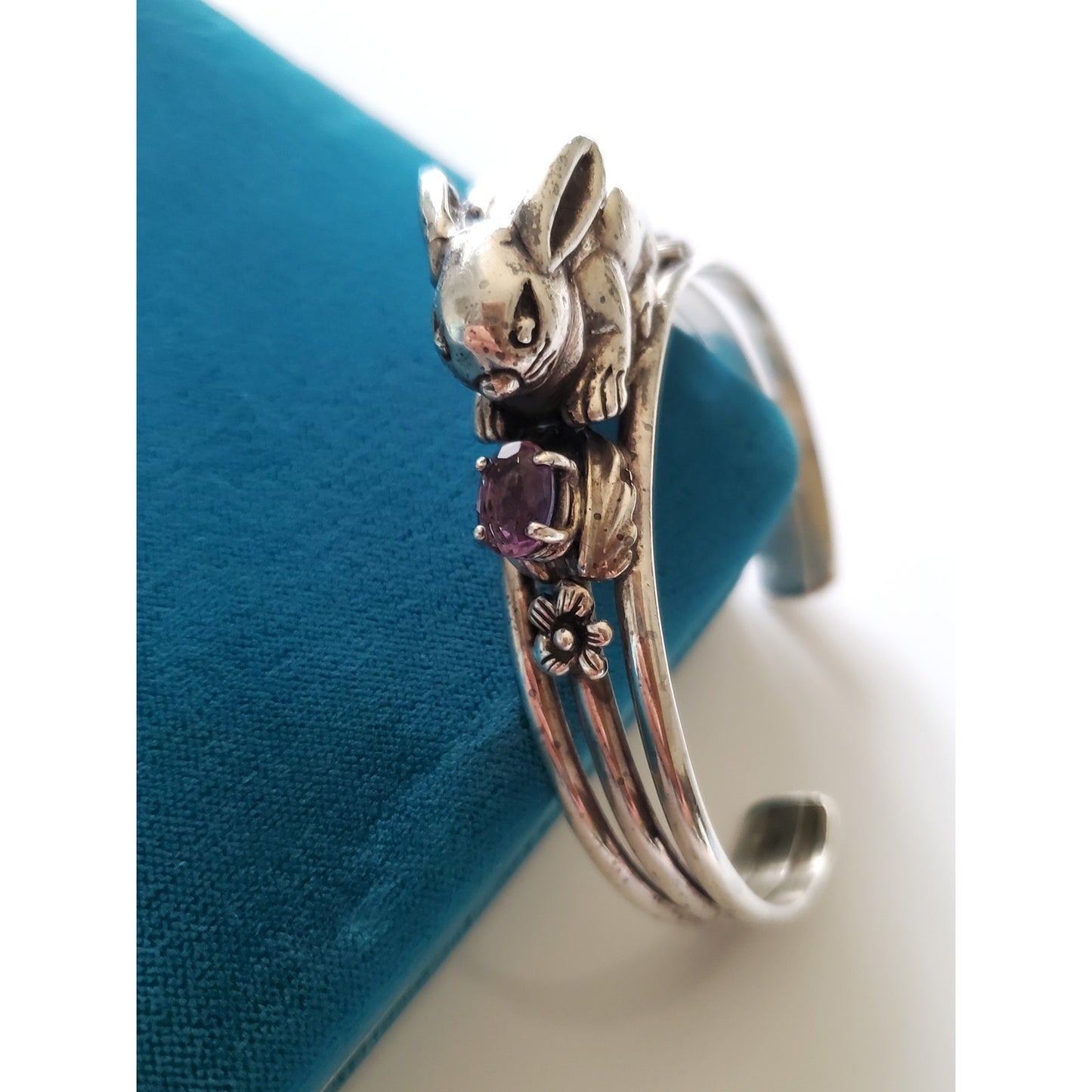 Vintage Sterling Silver Bunny Rabbit Amethyst Cuff Bracelet