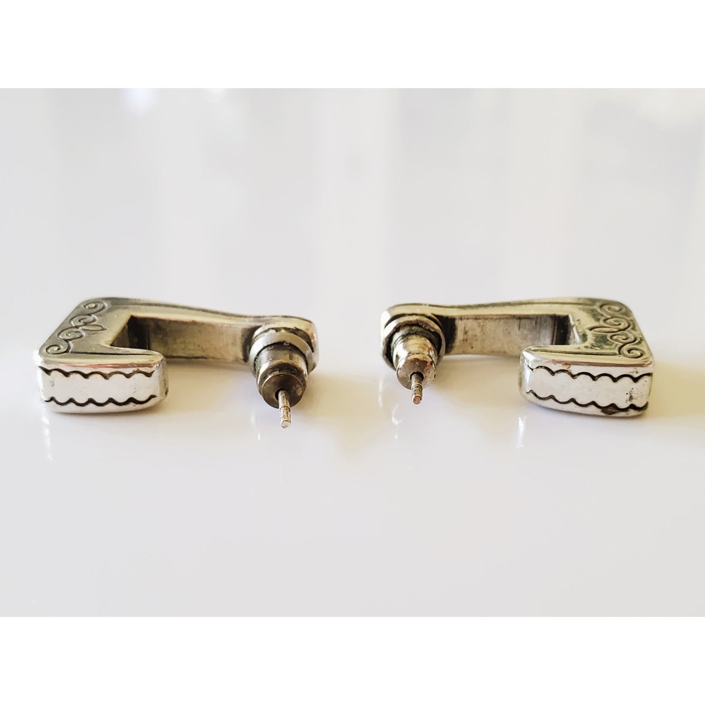 Silver-tone L Hoop Scroll Etched Earrings