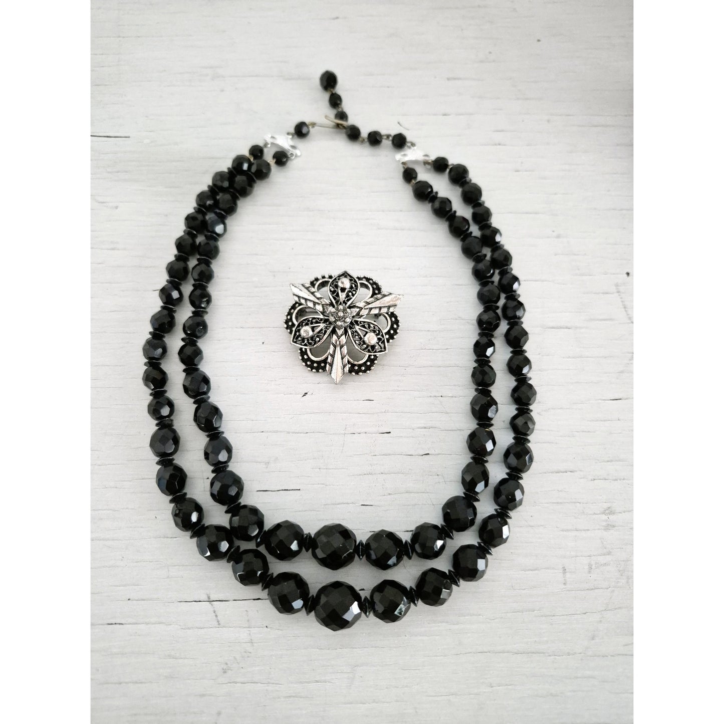 Vintage Double Strand Black Beaded Necklace and Hedy Designer Brooch Set