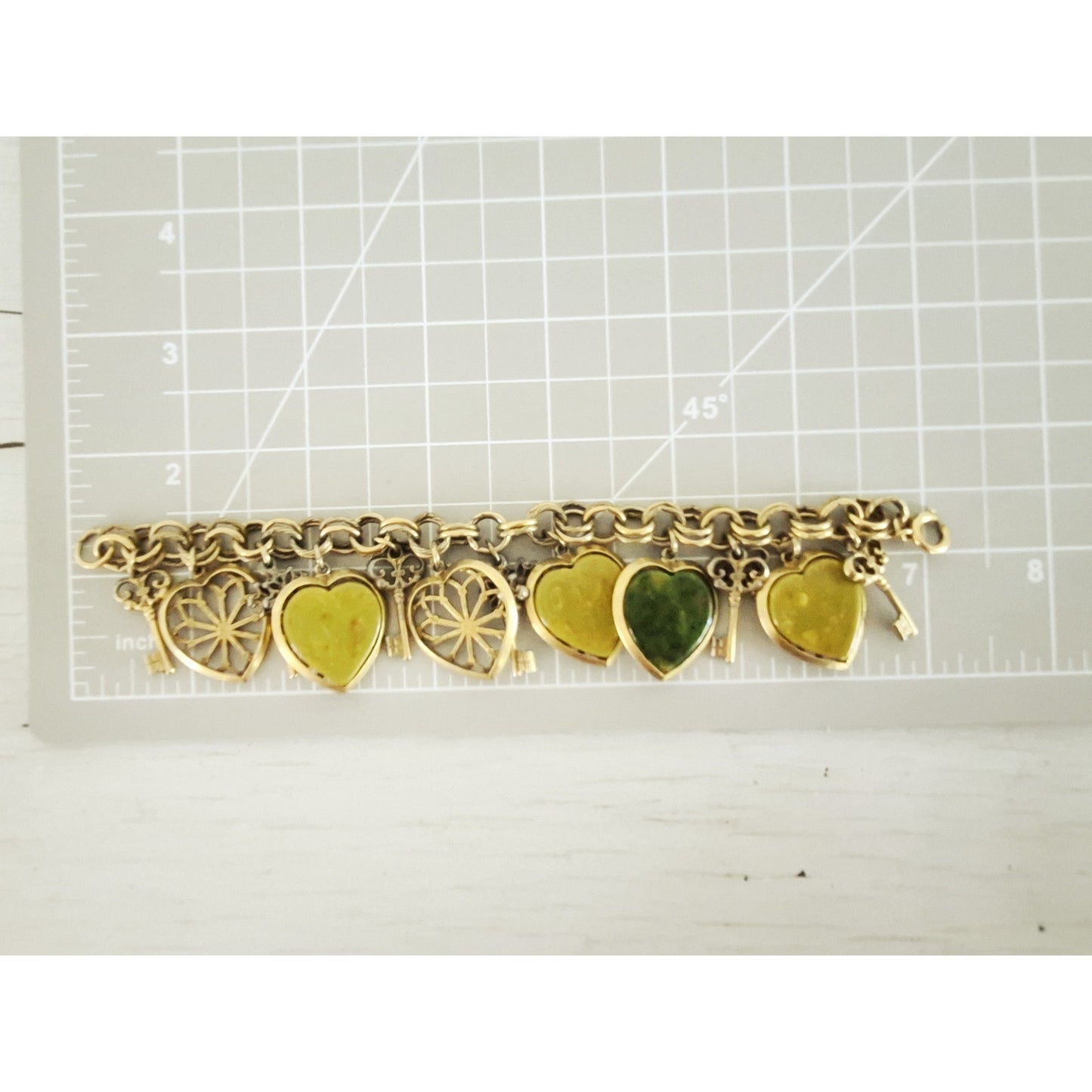 Vintage Marbled Olive Green Yellow Blue Moon Bakelite Hearts Keys Bracelet