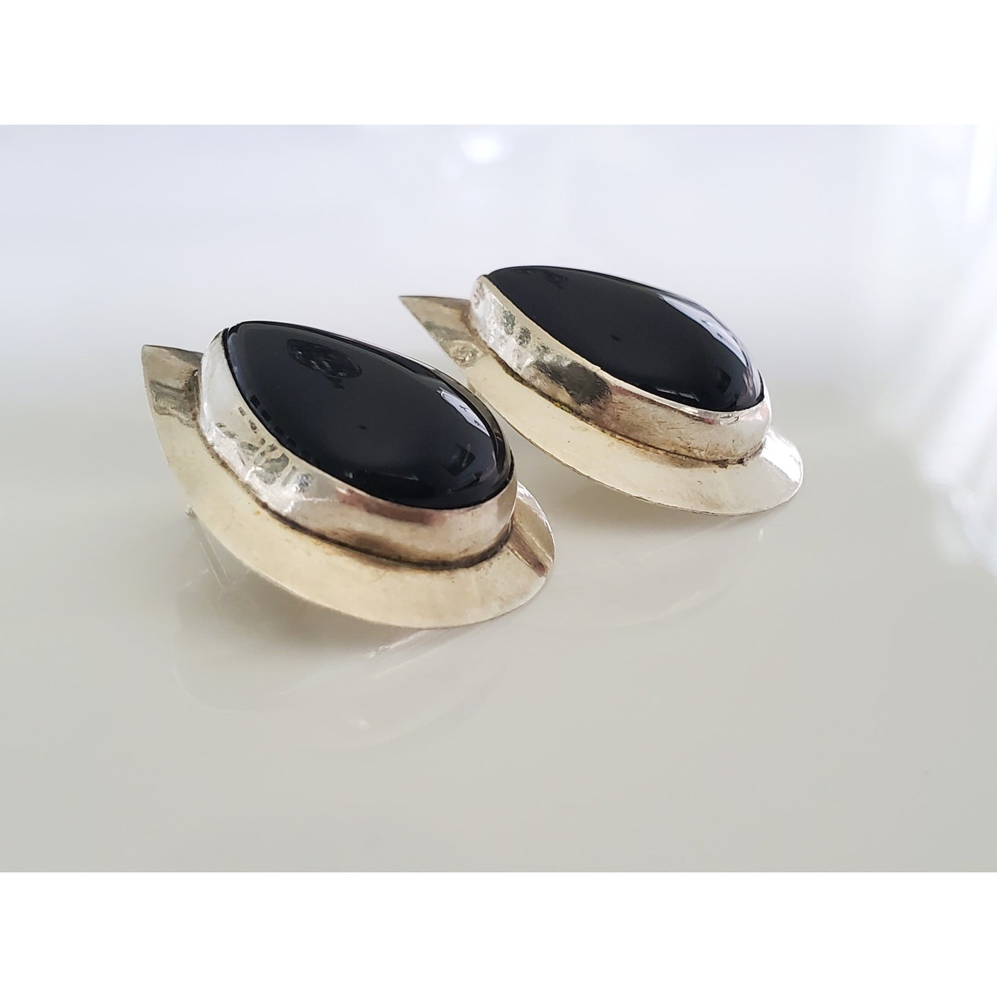 Vintage Navajo Onyx Pear Sterling Silver Earrings