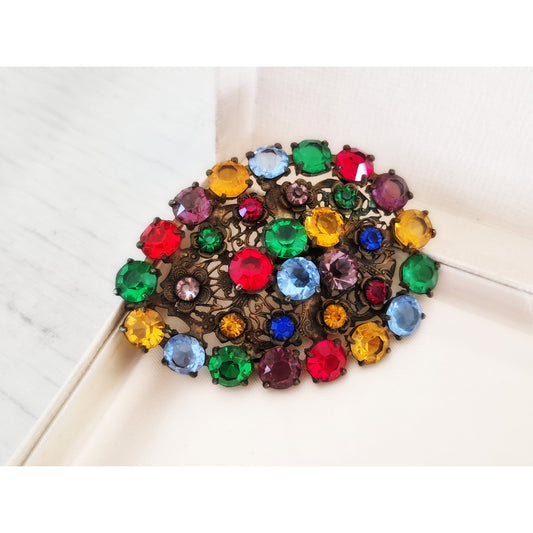 Antique 1920s Czech Multi-Color Fruit Salad Glass Brooch Pendant