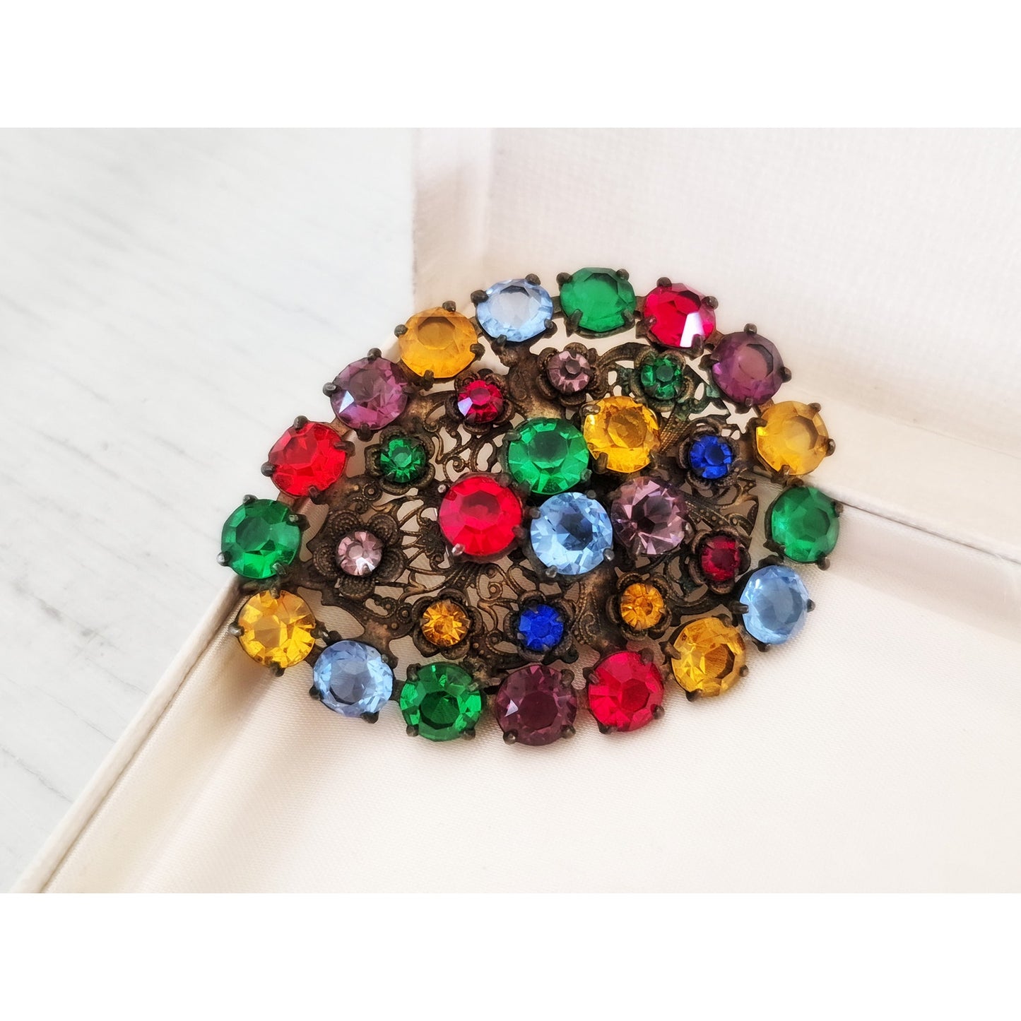Antique 1920s Czech Multi-Color Fruit Salad Glass Brooch Pendant
