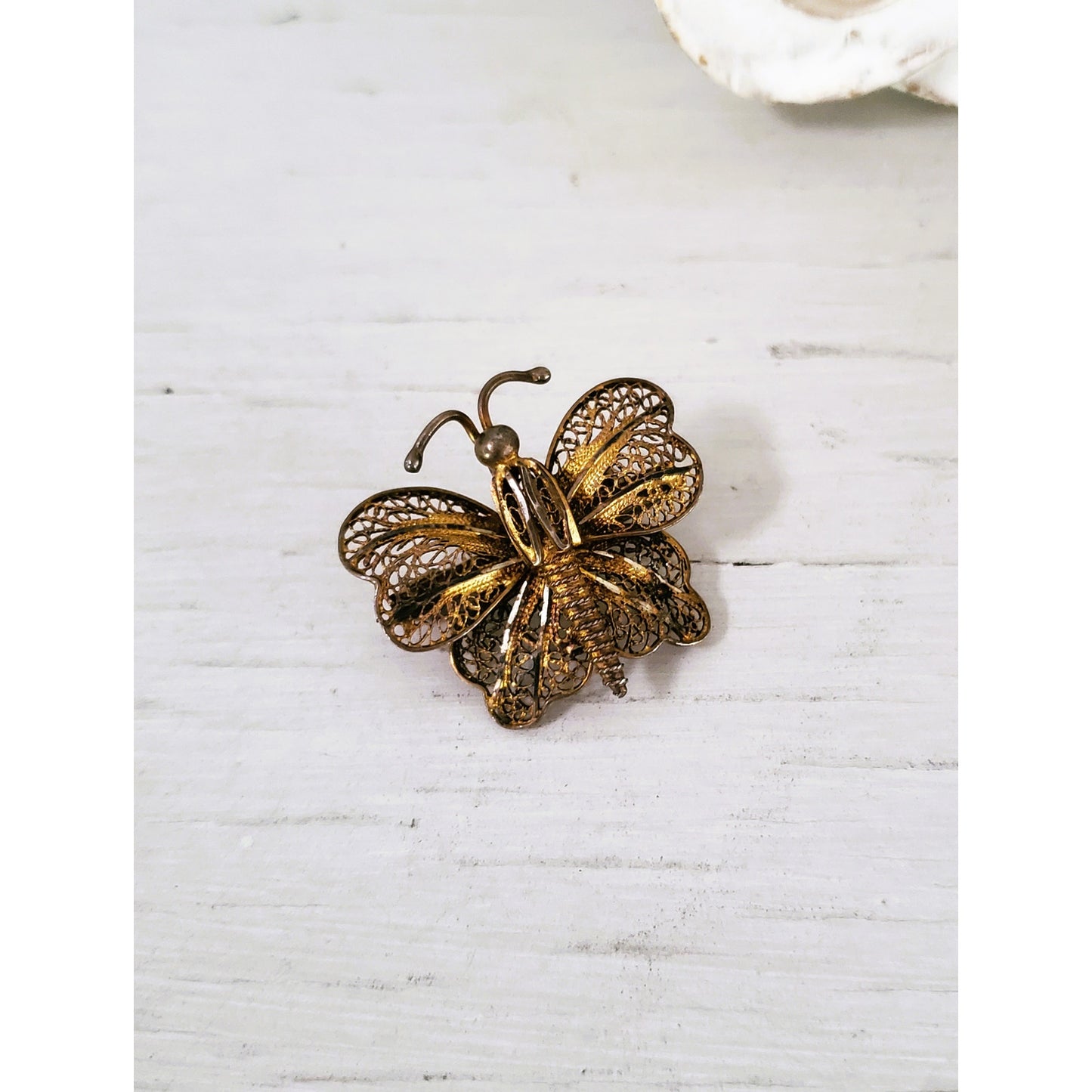 Vintage Antique Filigree Gold Wash Butterfly Pin Brooch