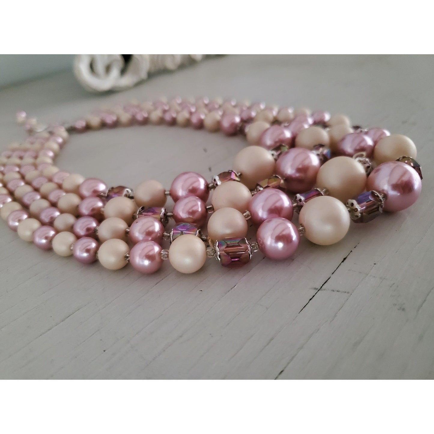 Vintage 4 Strand Hong Kong Lavender & Cream Acrylic Graduated Bead Necklace