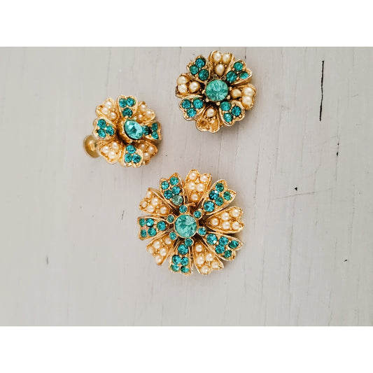 Vintage Gold Tone and Green Rhinestone Brooch and Earring Set