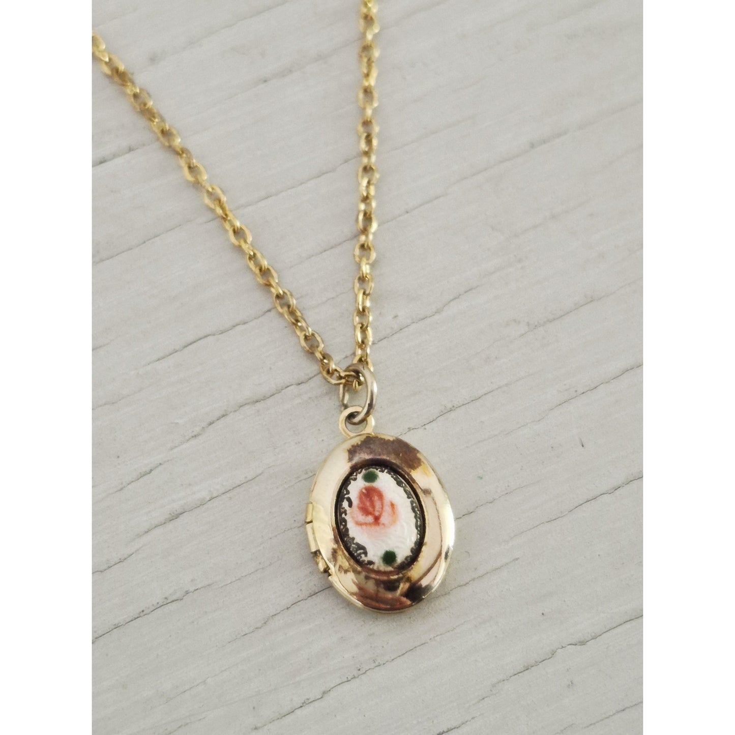 Vintage Small Pink Rose Bud Guilloche Enamel Gold Filled Locket Necklace