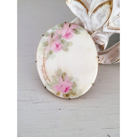 Antique Hand Painted Pink Oval Rose Brooch