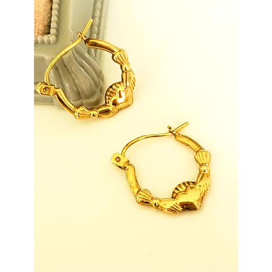 Vintage 10K Yellow Gold Claddagh Hoop Earrings