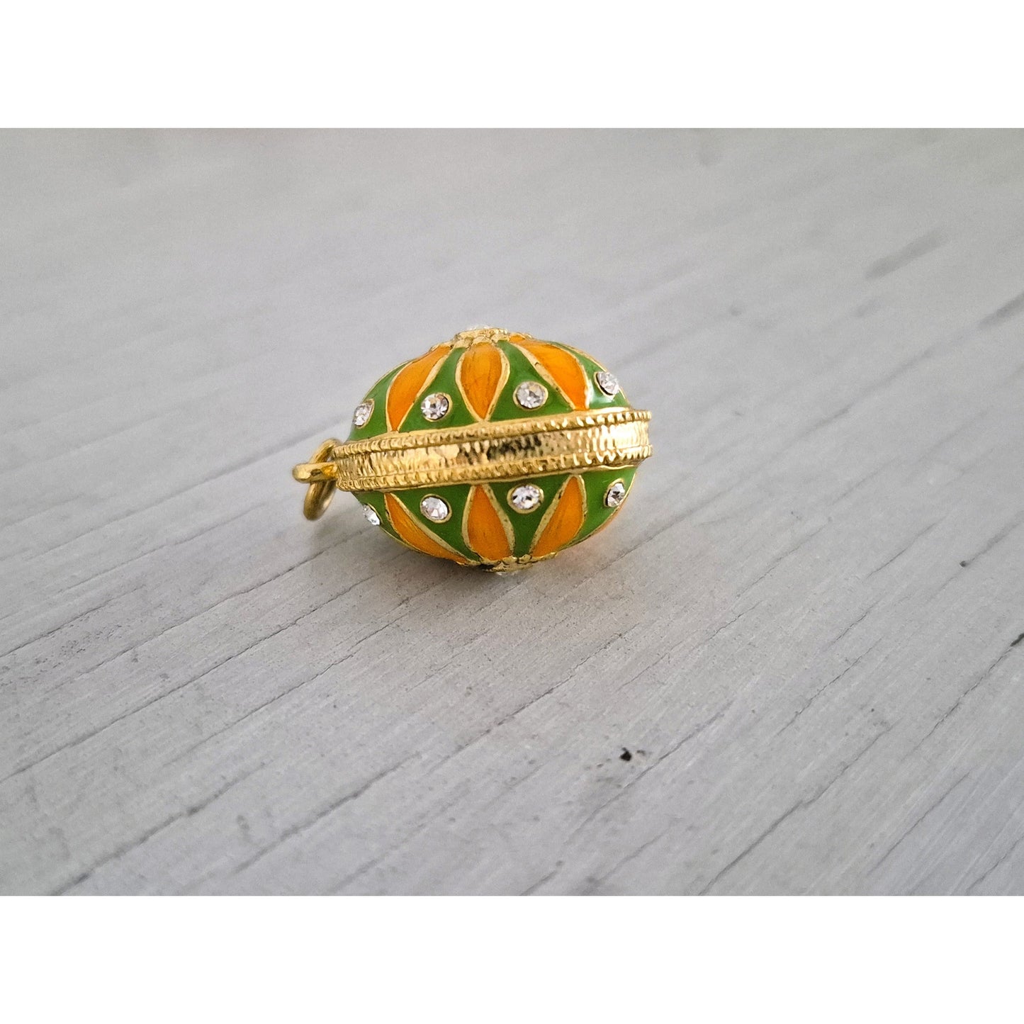 Vintage Green and Yellow Gold Tone Enamel Egg Pendant