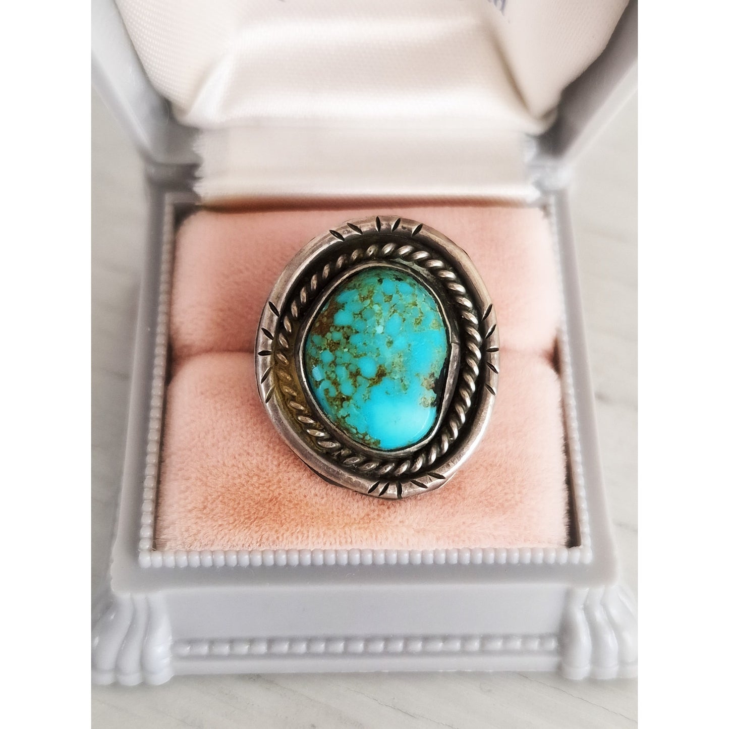 Vintage Sterling Silver Navajo Turquoise Scroll Ring