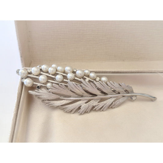 Vintage Mid-century Silver Leaf Faux Pearl Brooch