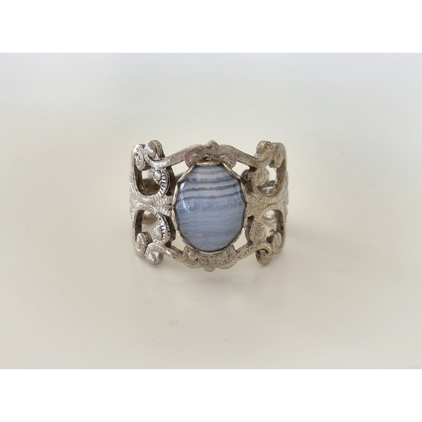 Vintage Blue Lace Agate Silver tone Filigree Ring