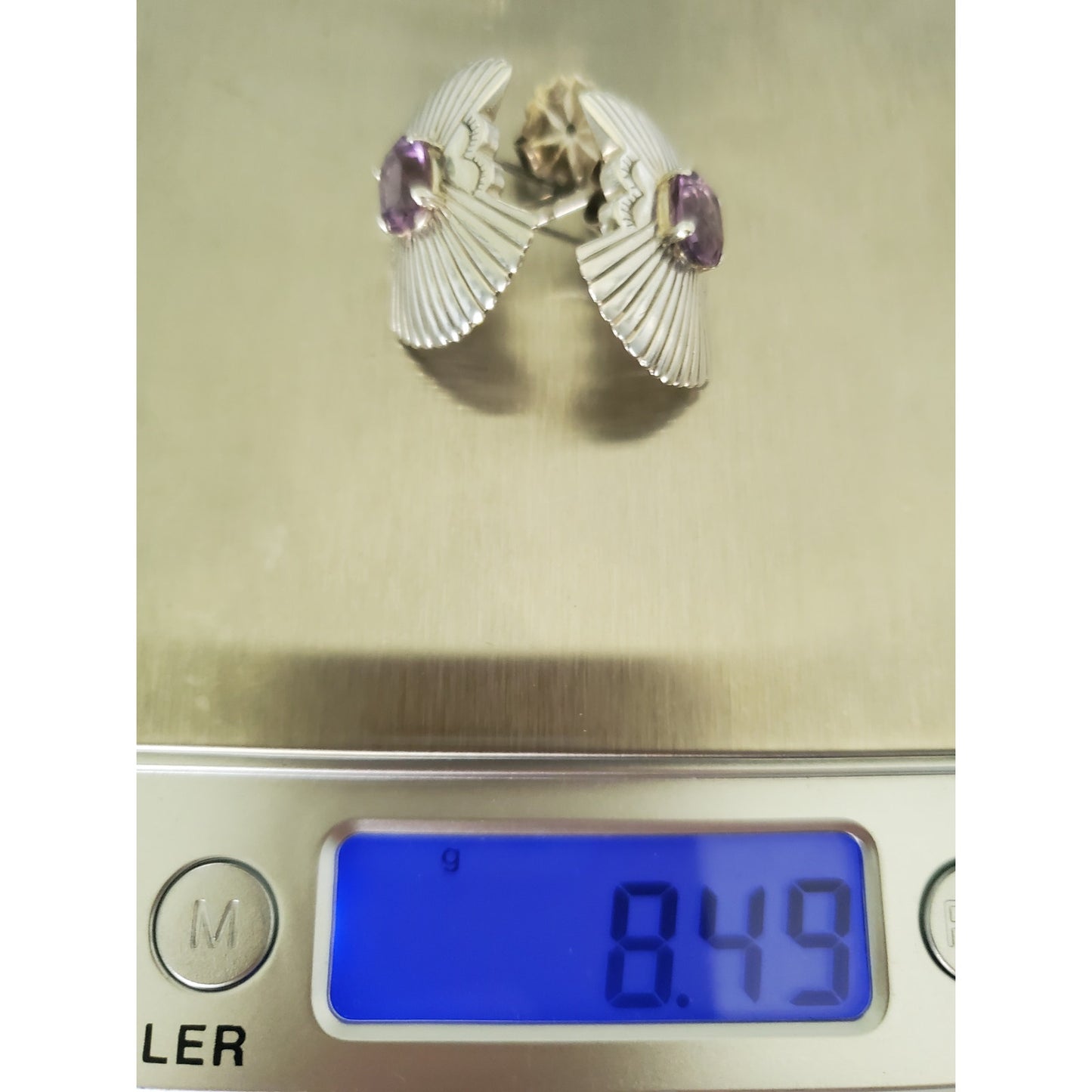 Vintage Ribbed Sterling Silver Amethyst Stud Earrings