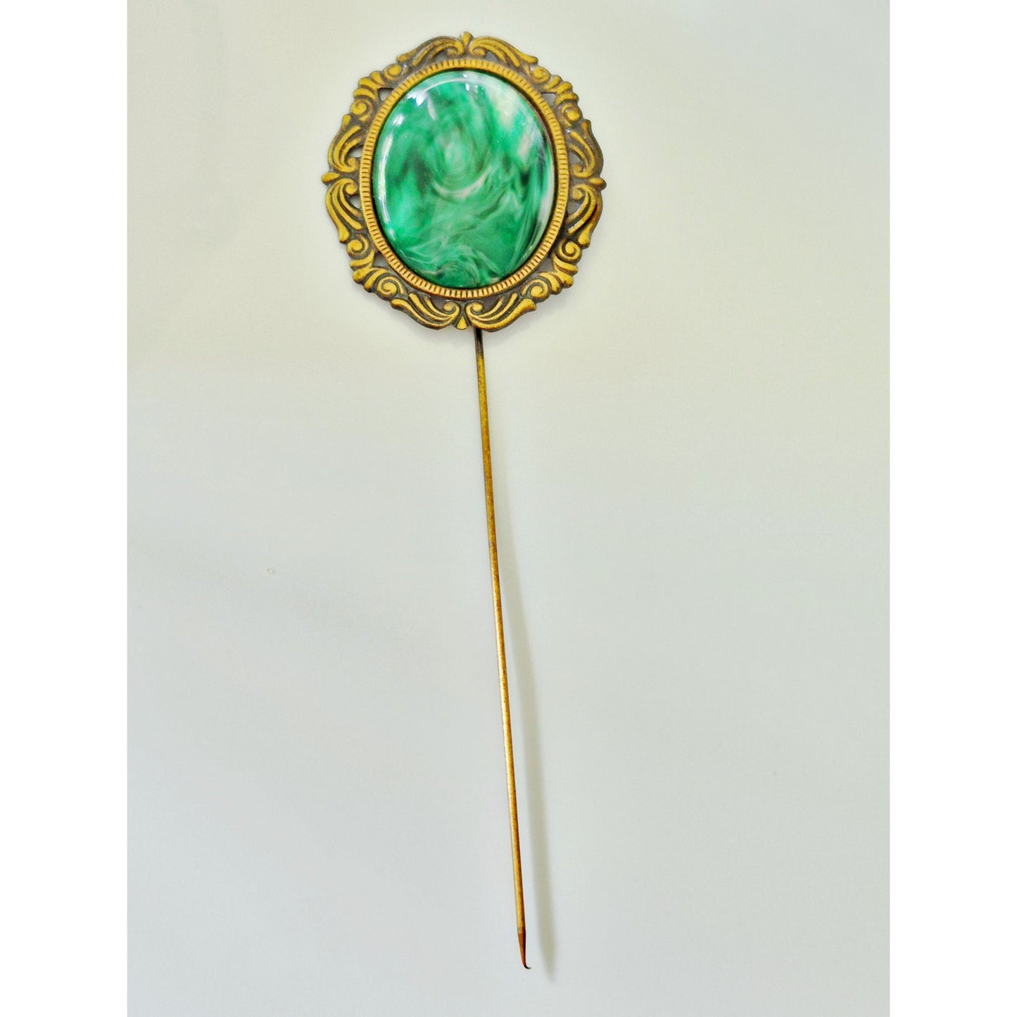 Large 6in Gold-tone Green Swirl Stone Lapel Pin
