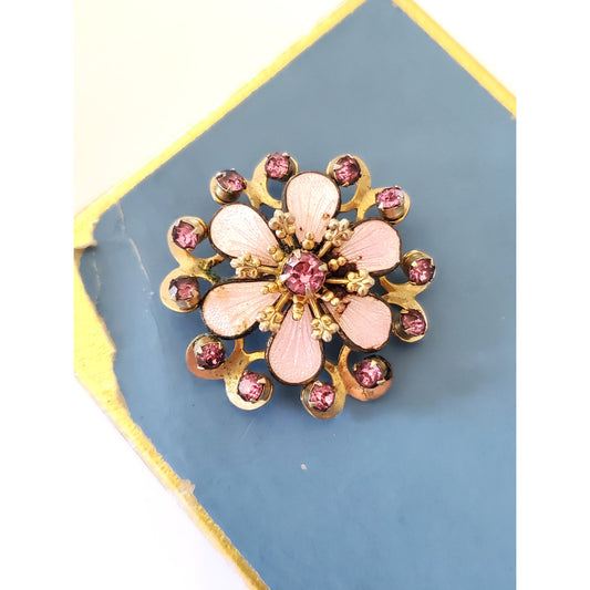 Vintage Mid-Century Pink Floral Rhinestone Brooch