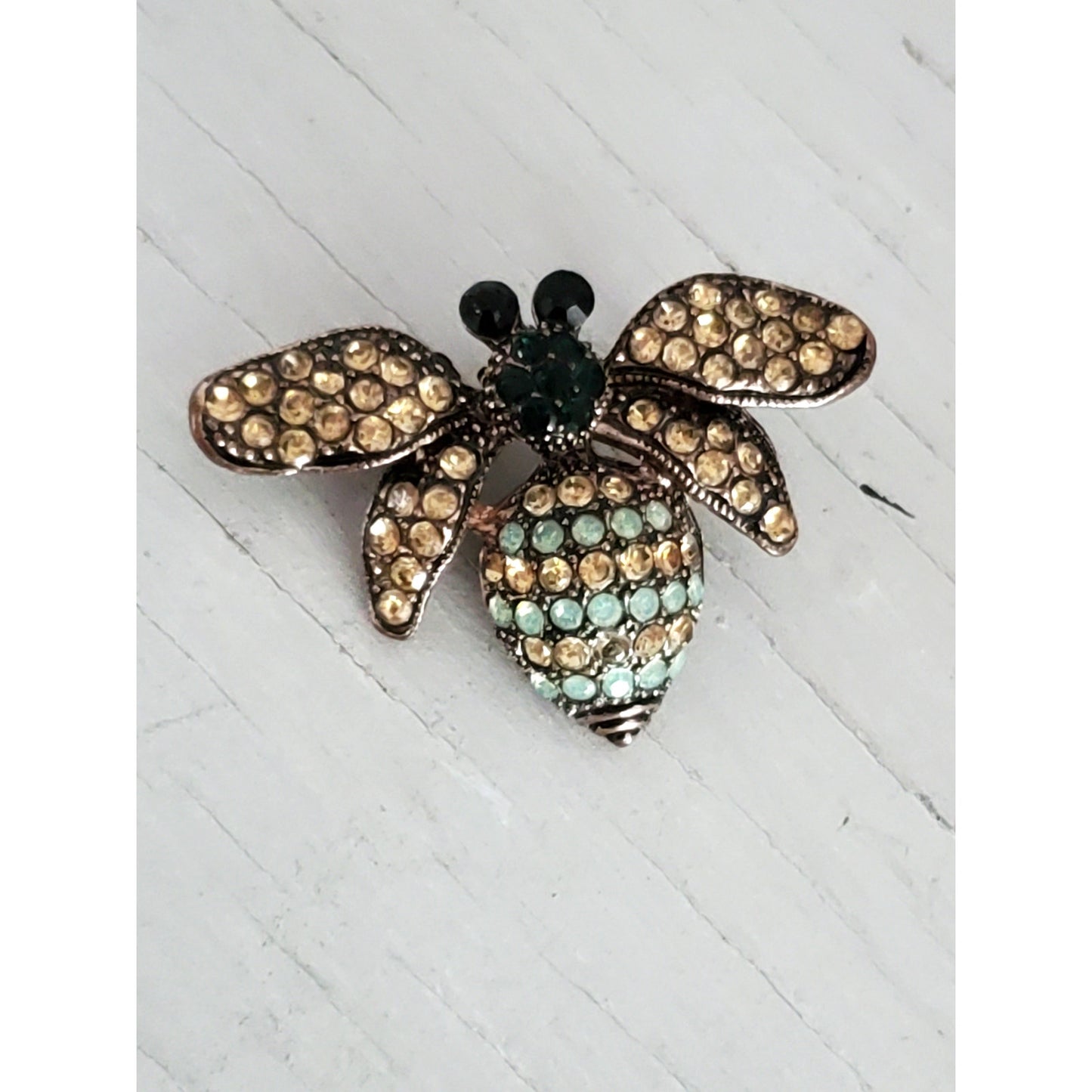 Vintage Mint Green and Clear Rhinestone Bee Bug Brooch