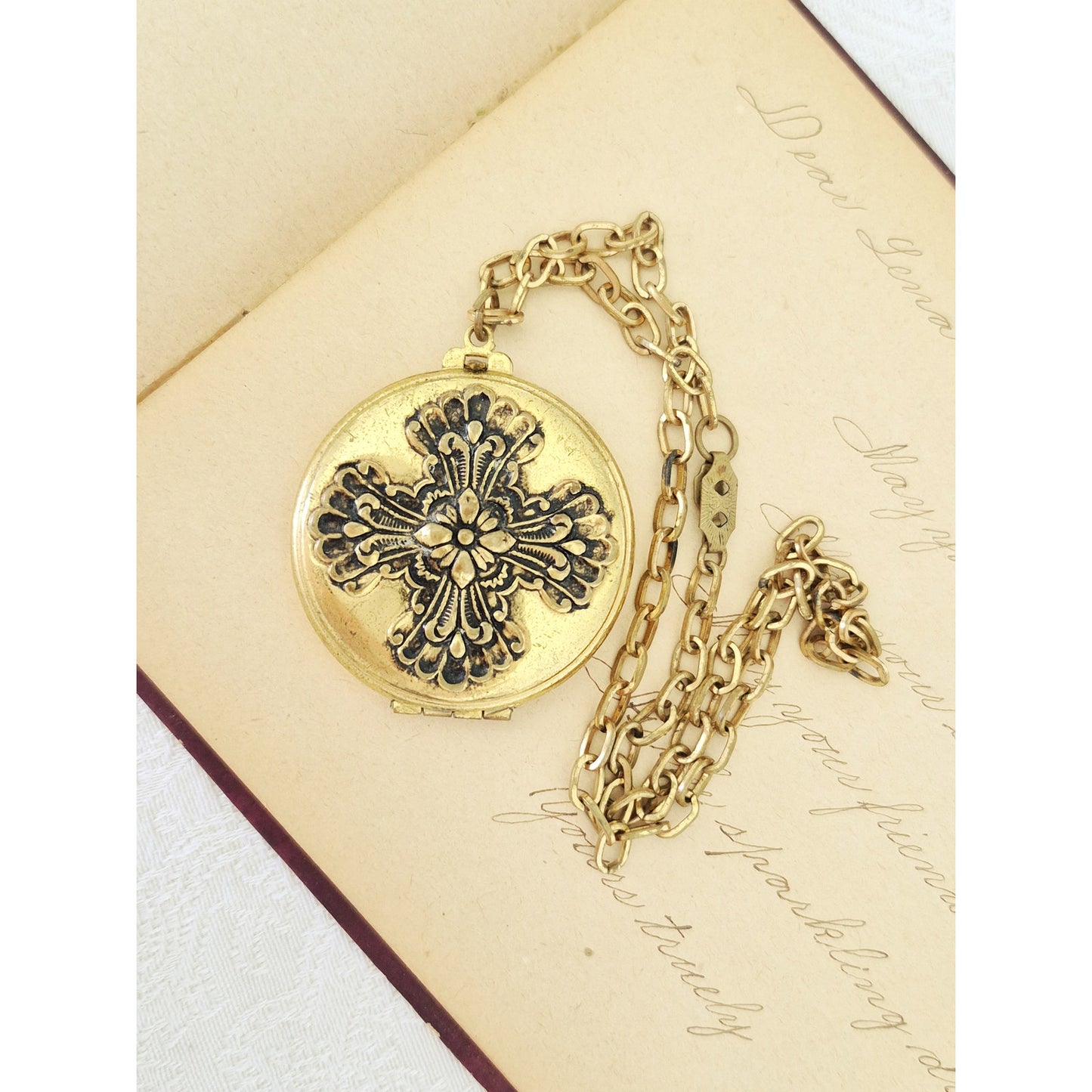 Antique Victorian Floral Etched Maltese Cross Gold Filled Locket Necklace