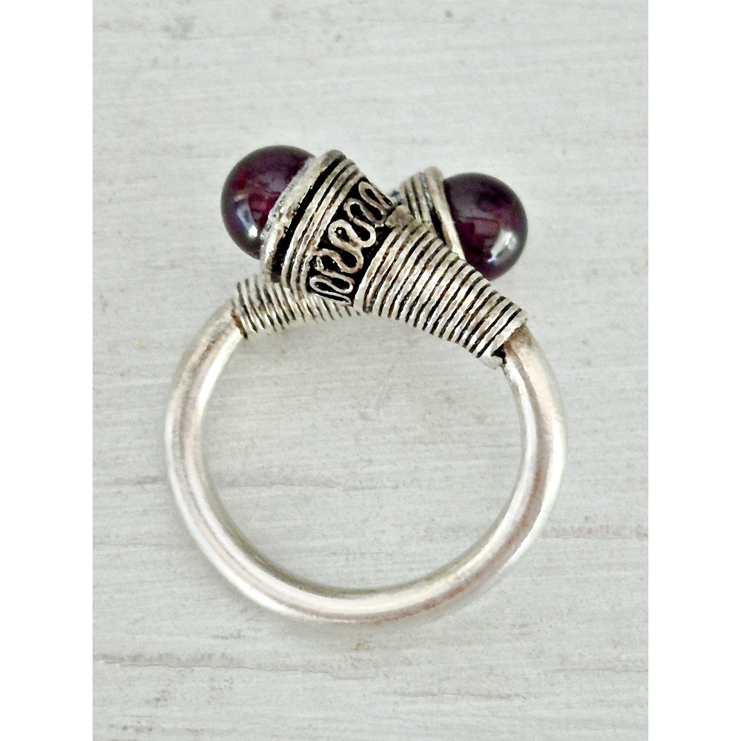 Vintage Sterling Silver & Garnet Carbochon Bypass Ring