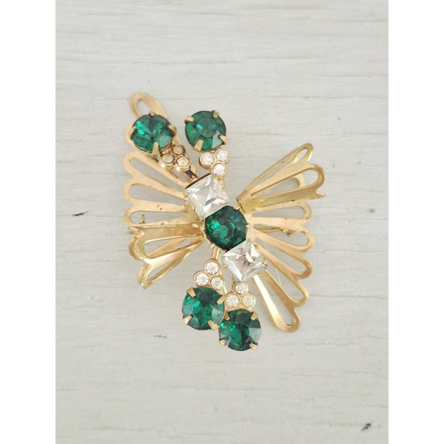 Vintage Emerald Green Rhinestone Gold-Tone Brooch