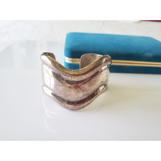 Vintage Taxco Mexico Modernist Sterling Silver Wave Cuff Bracelet