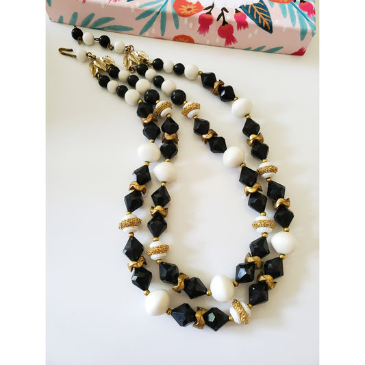 Vintage Black and White Beaded Double Strand Necklace