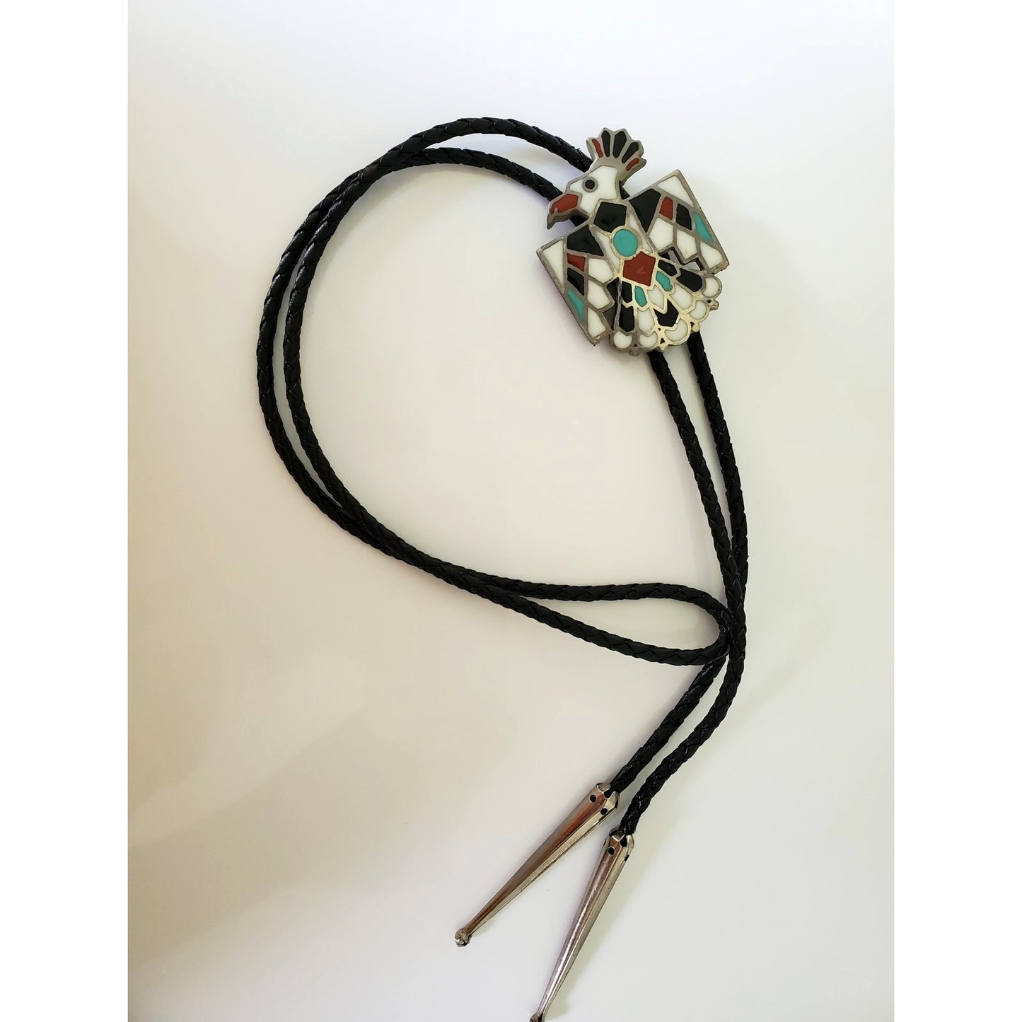 Vintage Thunderbird Zuni Braided Leather Rope Bolo with Pendant