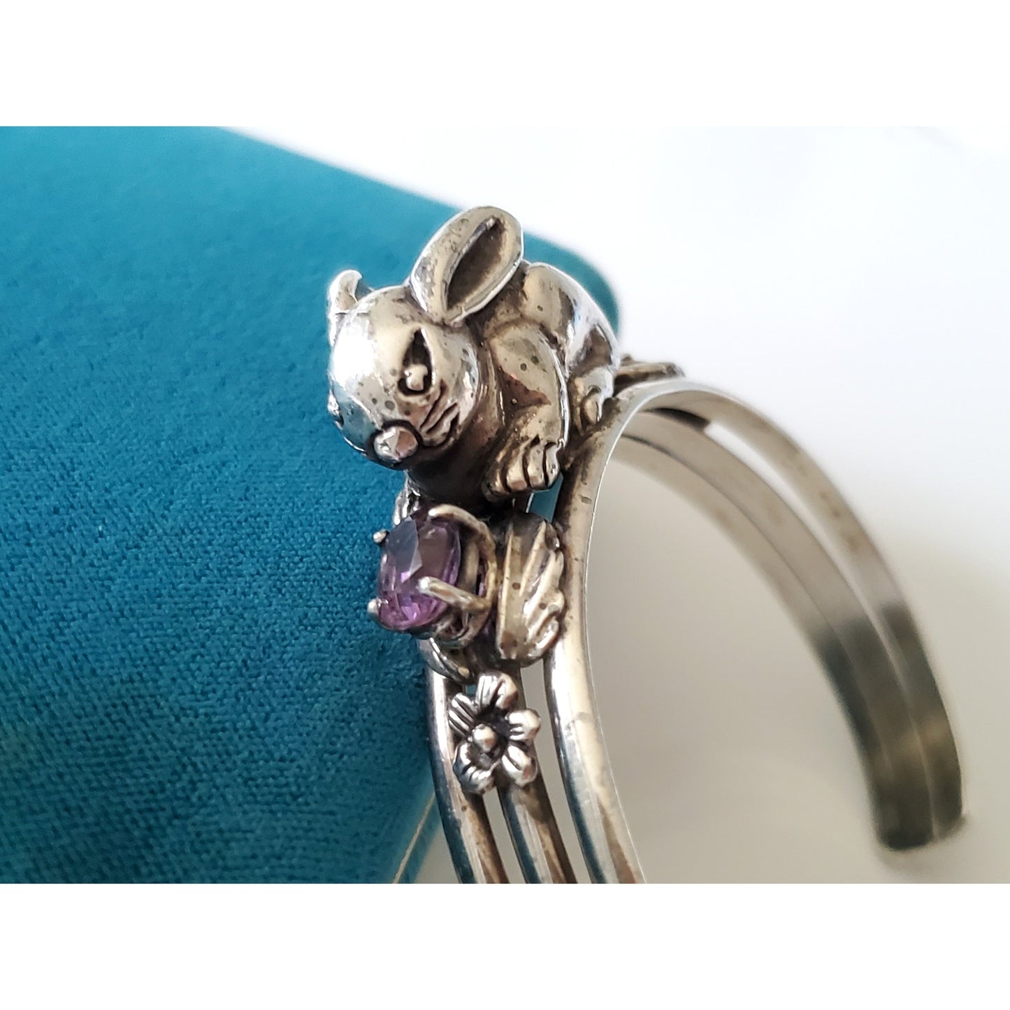 Vintage Sterling Silver Bunny Rabbit Amethyst Cuff Bracelet