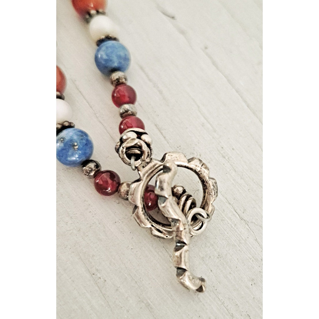 Vintage Sterling Silver Blue Lapis Lazuli Cultured Pearl & Agate Necklace