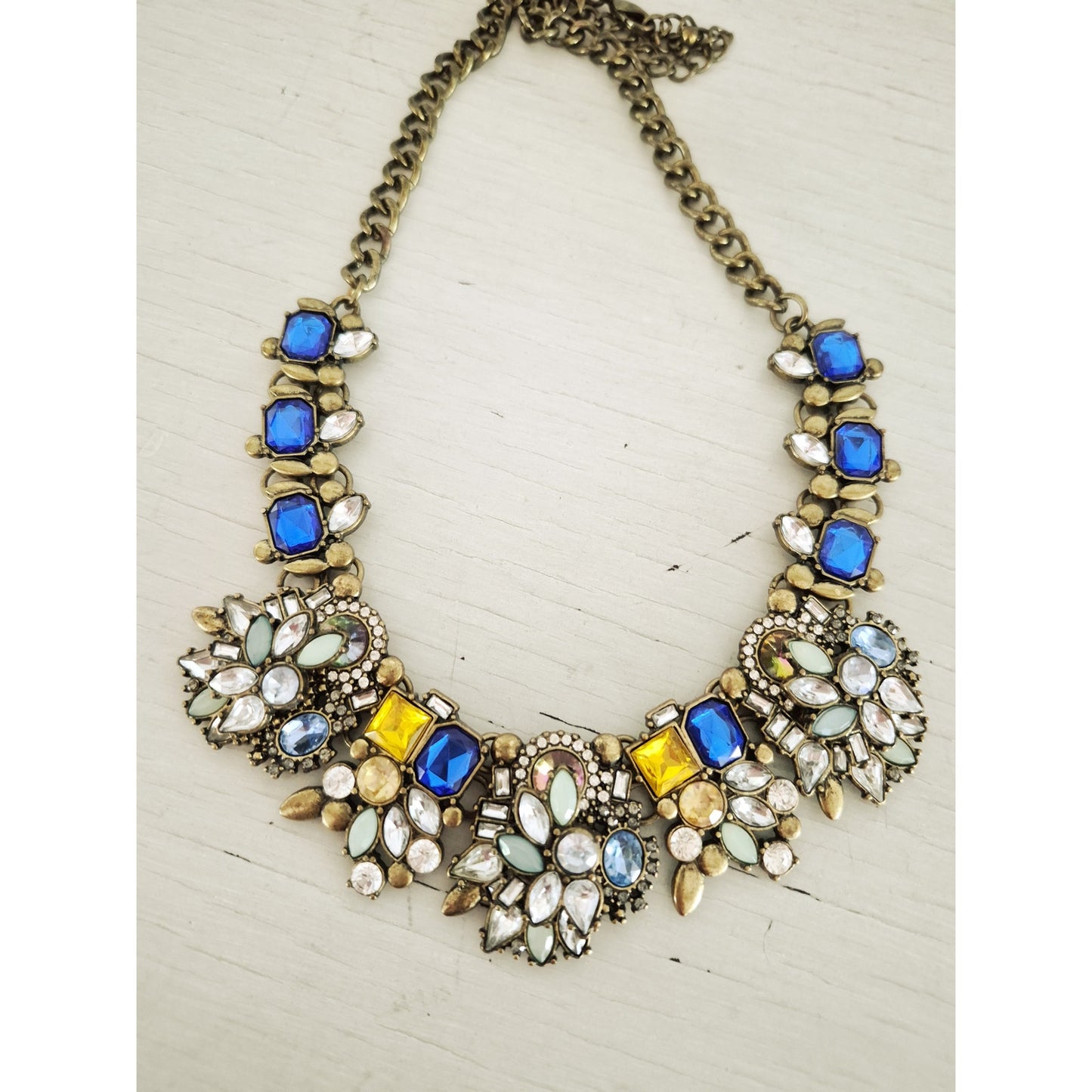 Vintage Blue White and Yellow Rhinestone Statement Necklace