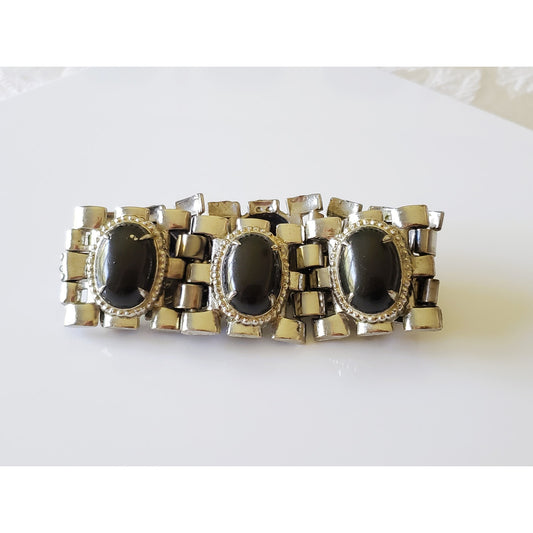 Vintage Black Stone Silver Metal Chunky Bracelet