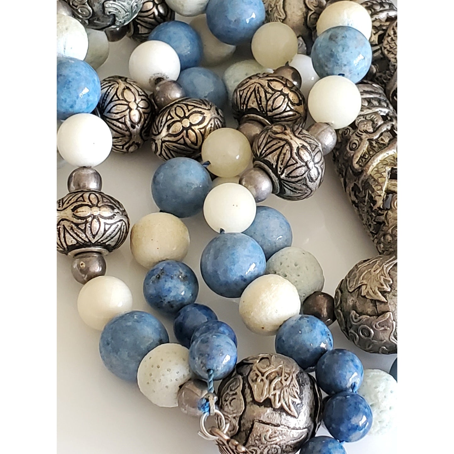 Vintage Blue, White and Silver Large Beaded Necklace