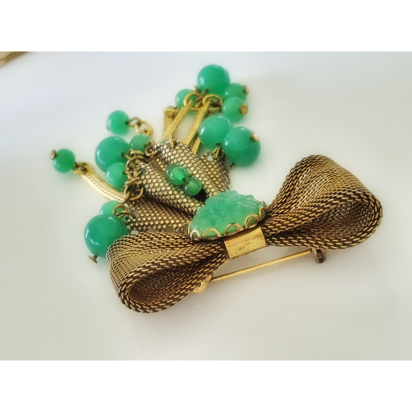 Vintage Antique Faux Jade Bow-tie Dangle Brooch