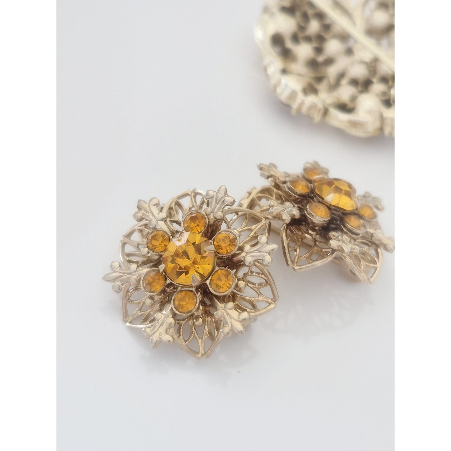 Vintage MCM Amber and Brown Rhinestone Brooch and Earring Set