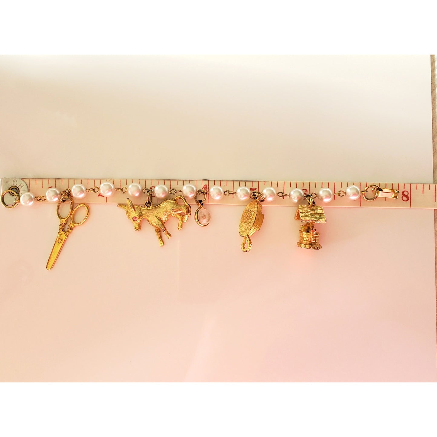 Vintage Gold Tone Faux Pearl Charm Bracelet