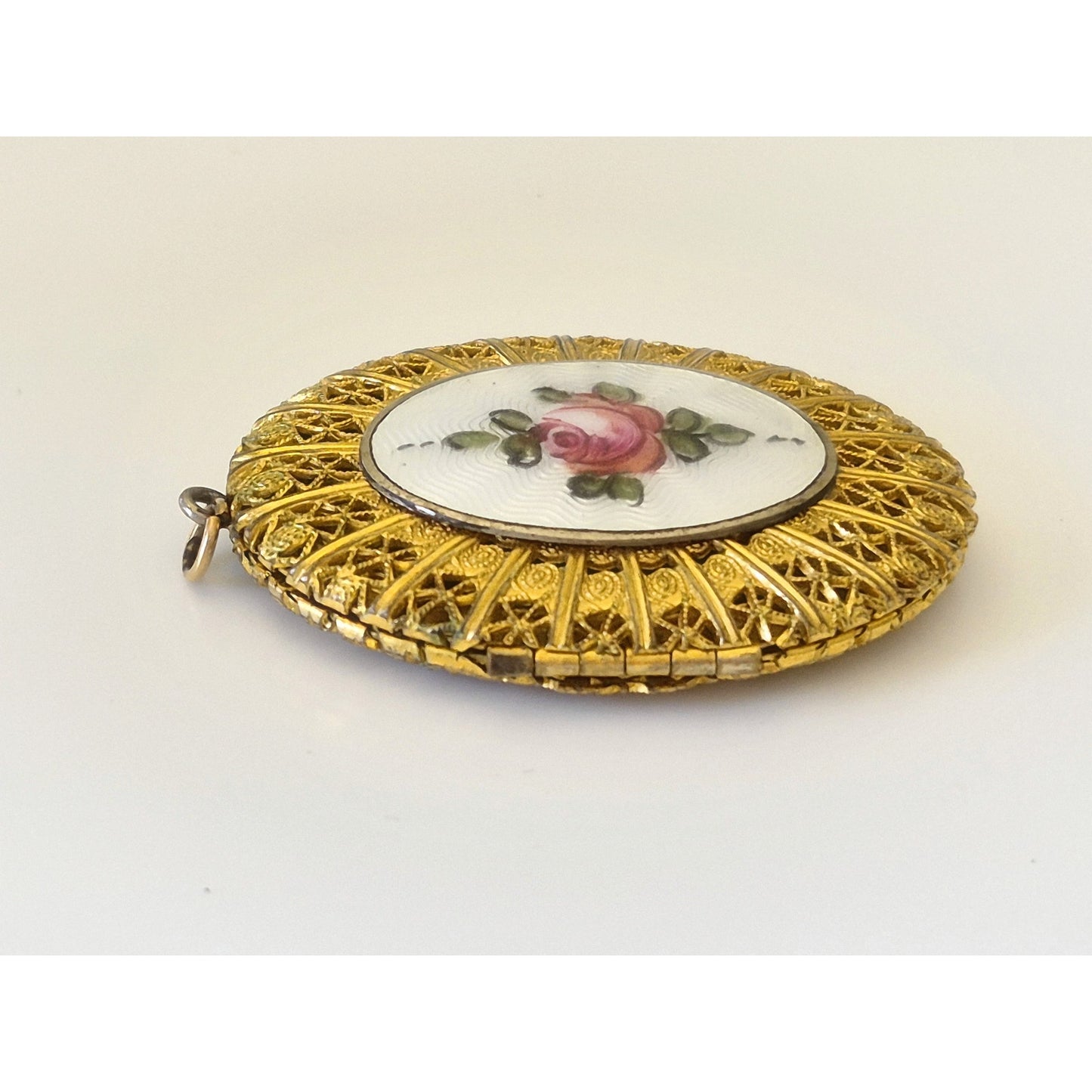 Antique Gold Tone Filigree Guilloche Enamel Photo Locket Pendant