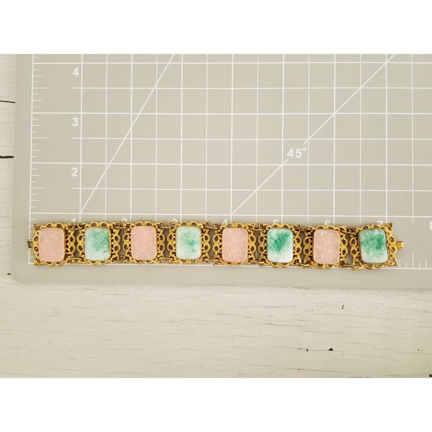 Vintage MCM Brass Faux Jade and Rose Quartz Filigree Panel Bracelet