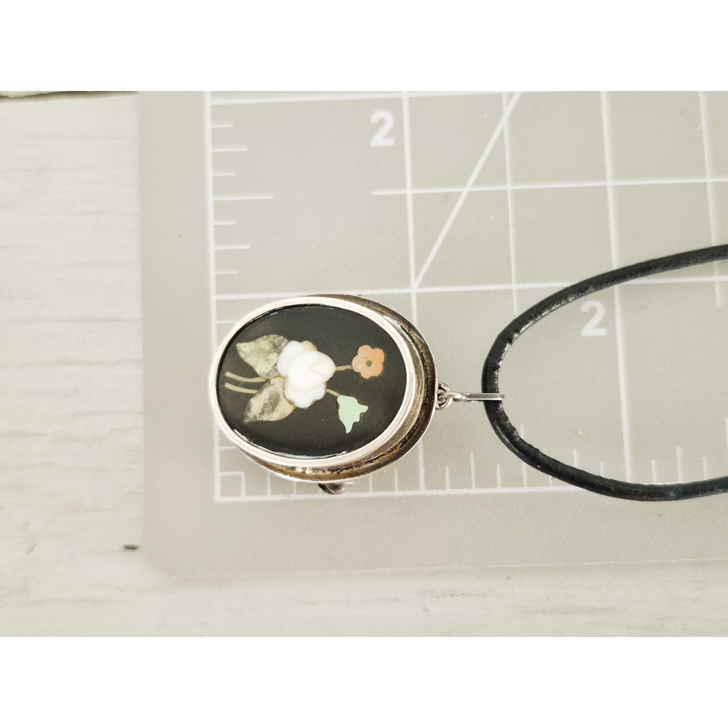 Antique 800 Silver Pietra Dura Mosaic Inlaid Stone Pendant Brooch Necklace