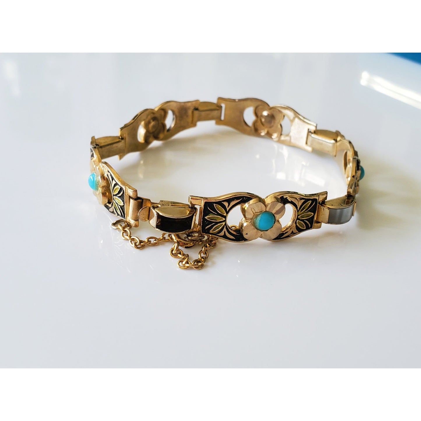 Vintage Damascene Faux Turquoise Bracelet