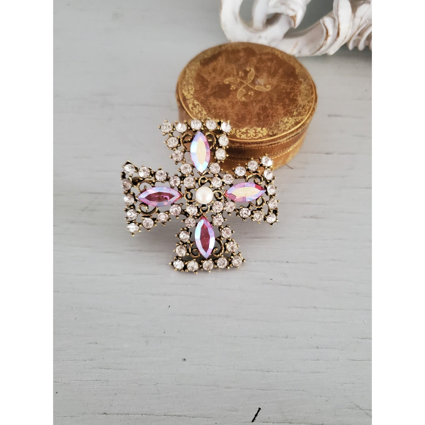 Vintage Large Pink and Clear Rhinestone Maltese Cross Brooch