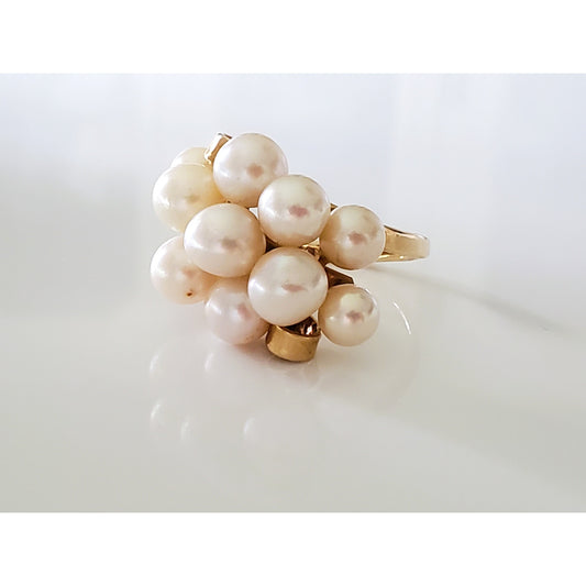Vintage 14K Gold Mings Designer Cultured Pearl Cluster Cocktail Ring
