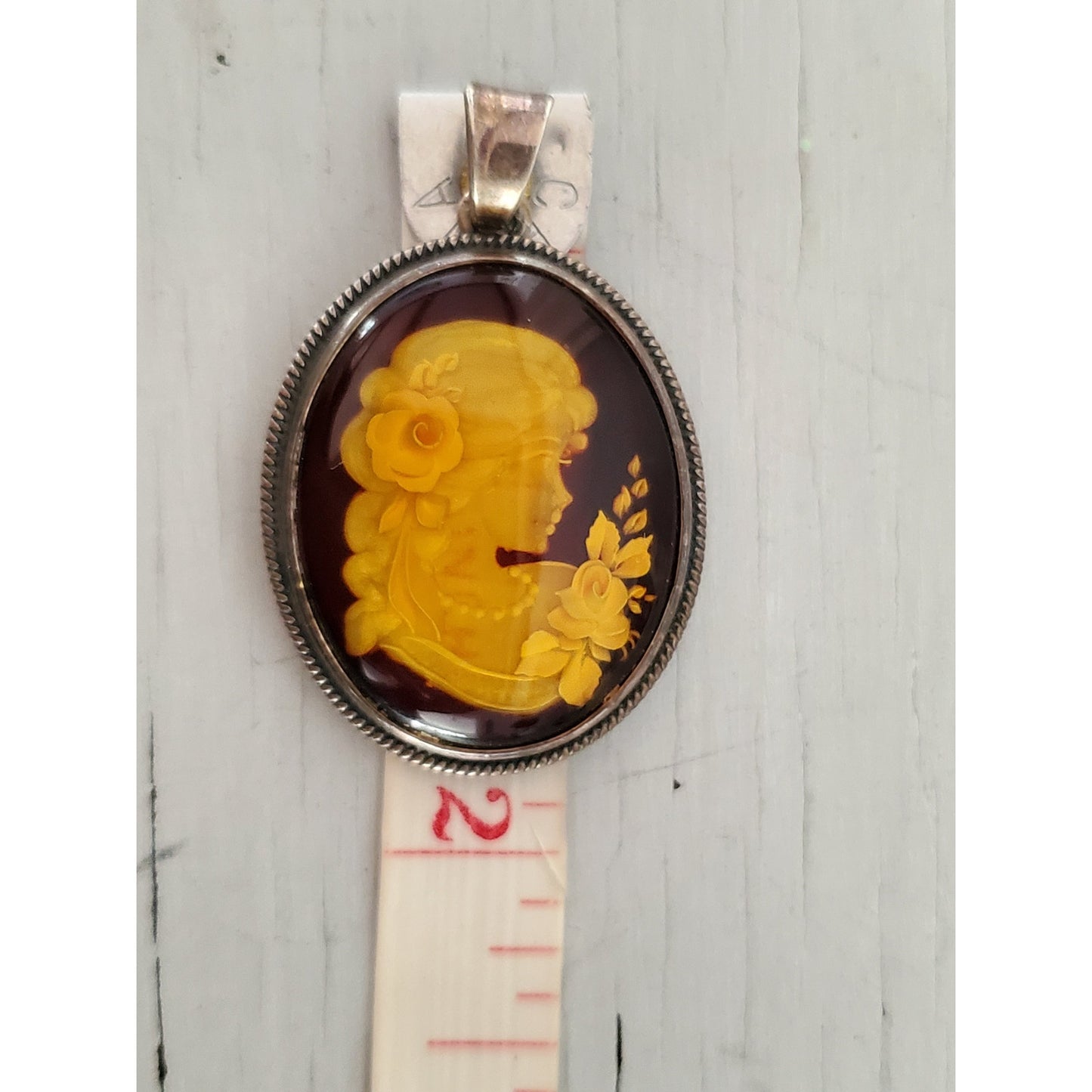 Vintage Baltic Amber Reverse Intaglio Cameo Sterling Silver Pendant