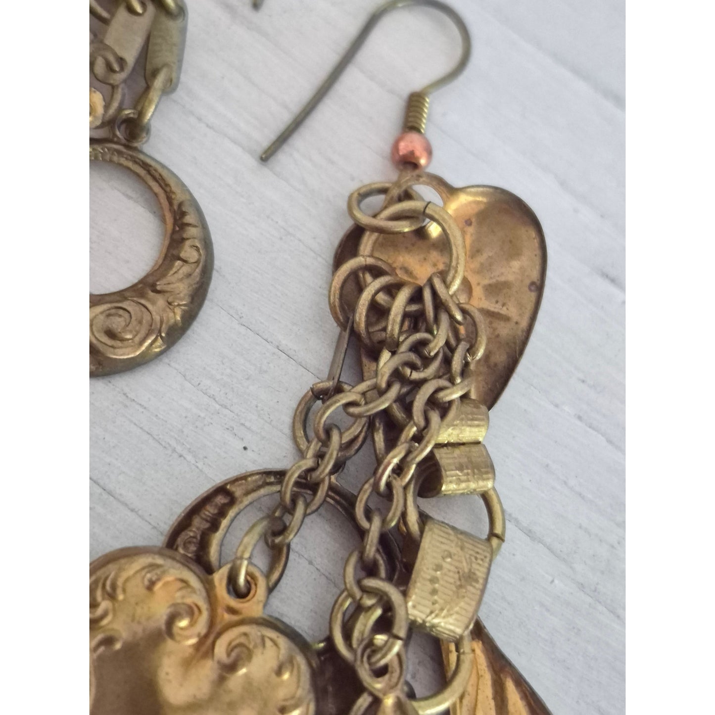 Vintage Victorian Style Brass Heart Charm Dangle Earrings
