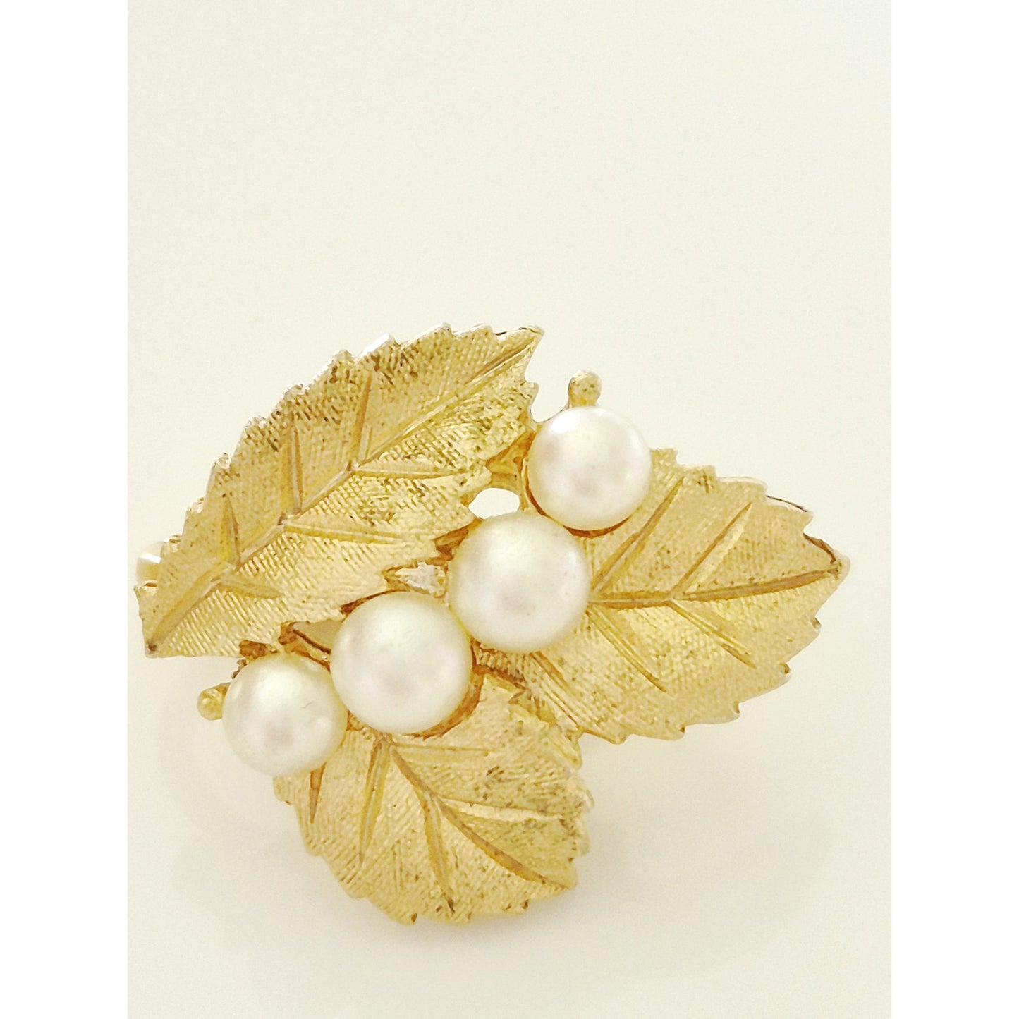 Vintage MCM Crown Trifari Faux Pearl Textured Leaf Earrings