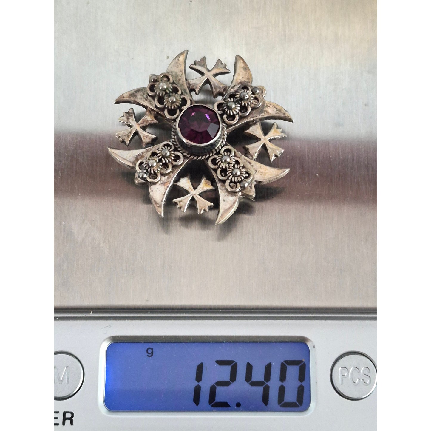 Vintage Silver Purple Stone Maltese Cross Brooch Pendant
