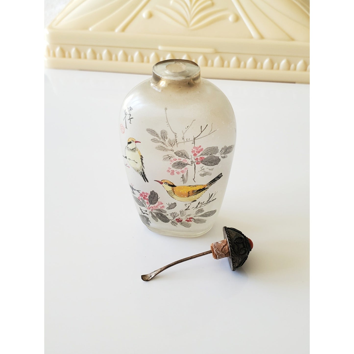 Vintage Chinese Bird and Floral Painted Snuff Bottle
