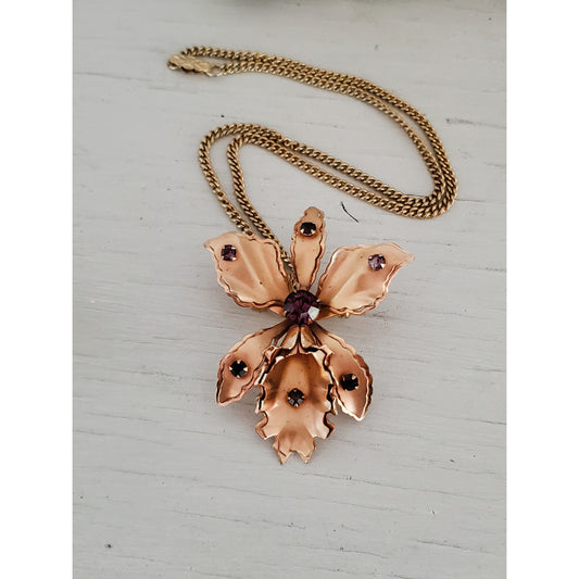 Bugbee and Niles Gold Tone and Purple Rhinestones Orchid Brooch Necklace