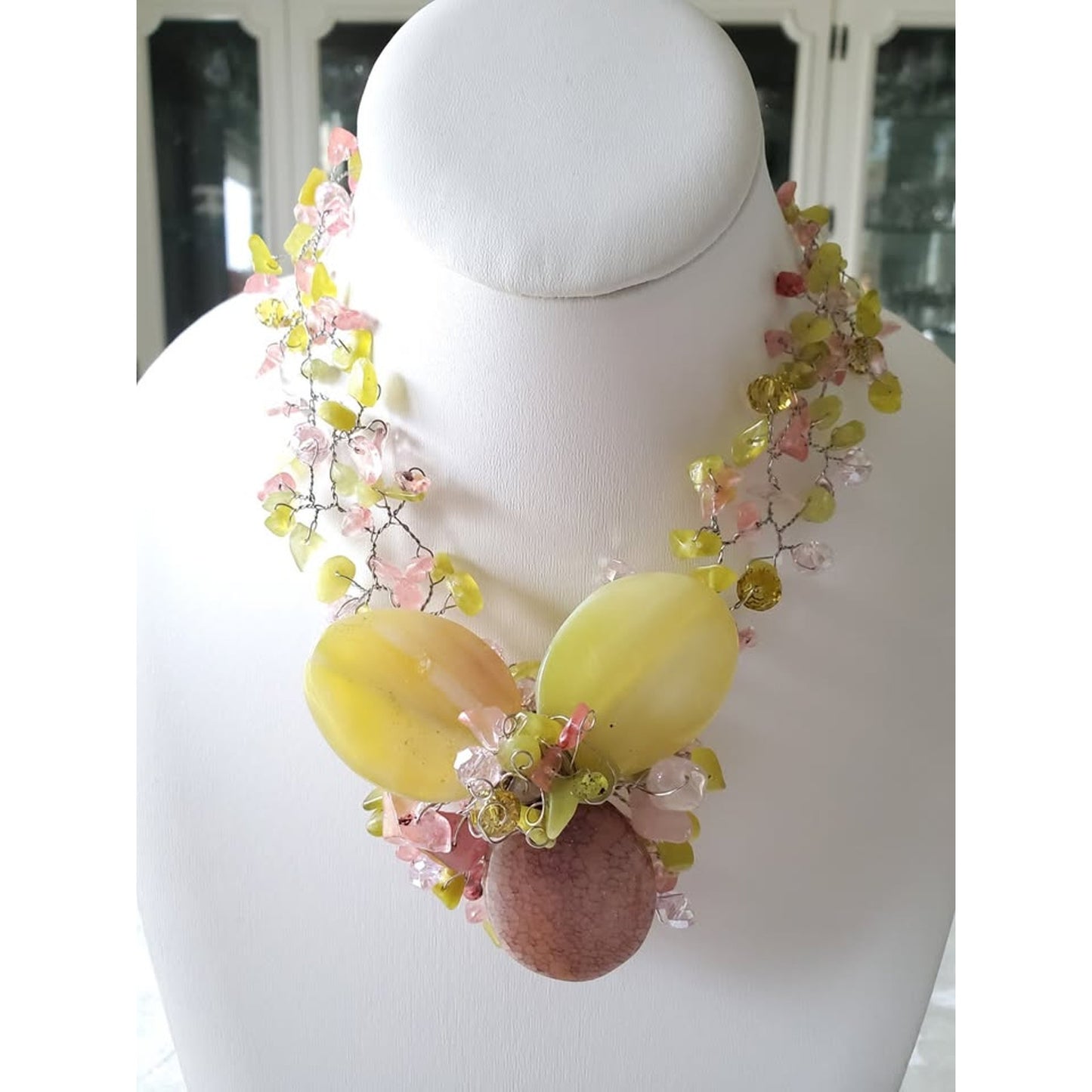 Pink and Yellow Agate Wire Necklace